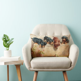 Curious Dachshund Puppies and a Frog Lumbar Cushion
