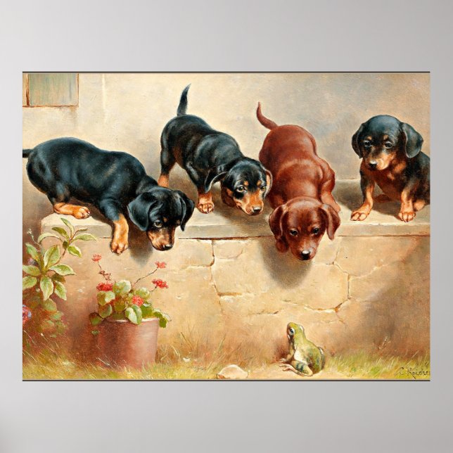 Curious Dachshund Puppies and a Frog Poster (Front)