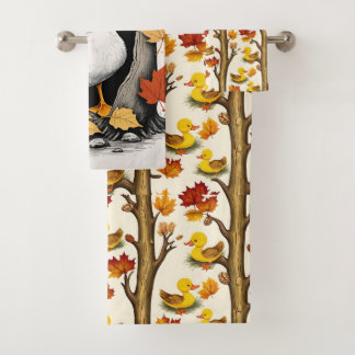 Curious Ducklings and Autumn Leaves Pattern Design Bath Towel Set
