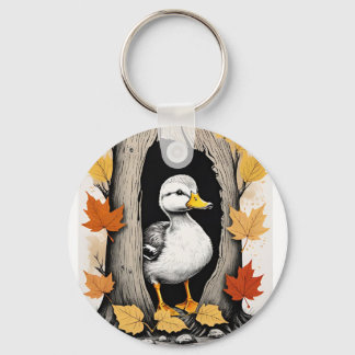 Curious Ducklings and Autumn Leaves Pattern Design Key Ring