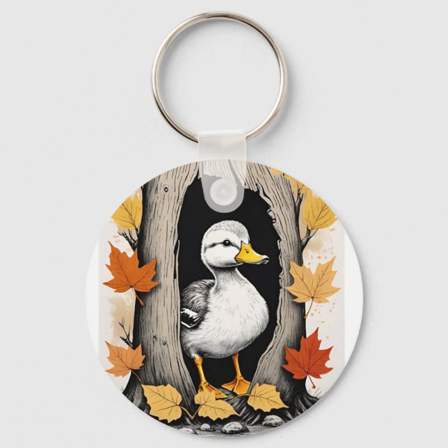 Curious Ducklings and Autumn Leaves Pattern Design Key Ring (Front)