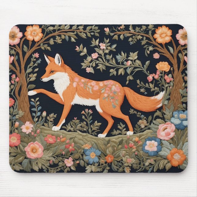 Curious Fox Faux Embroidery Elegant Floral Mouse Mat (Front)