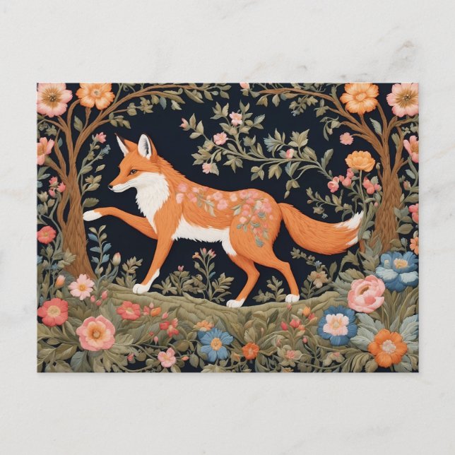 Curious Fox Faux Embroidery Elegant Floral Postcard (Front)