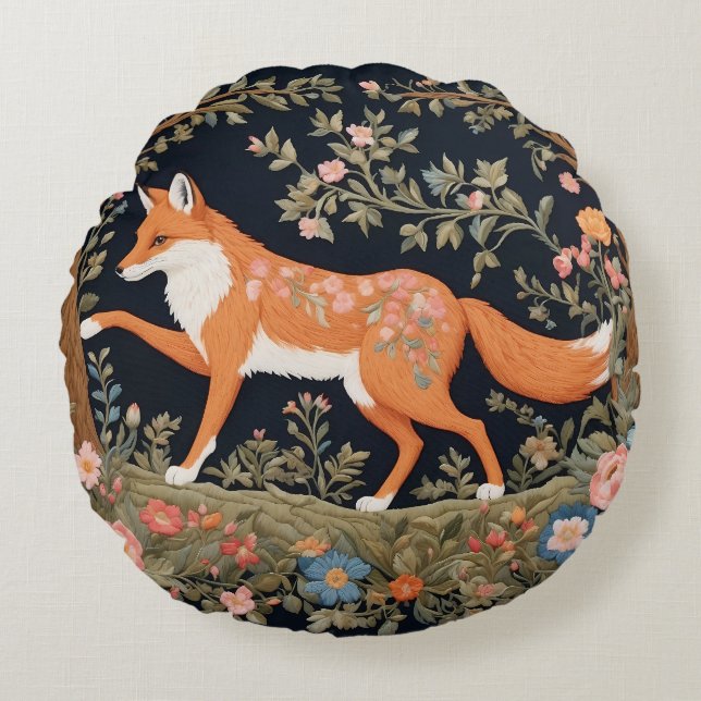 Curious Fox Faux Embroidery Elegant Floral Round Cushion (Front)