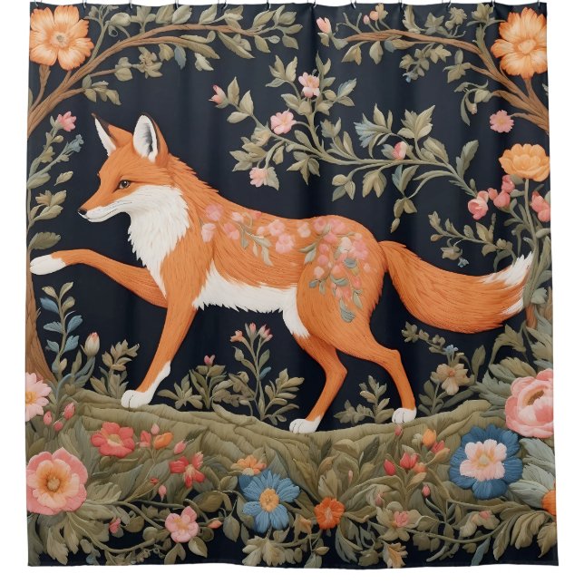 Curious Fox Faux Embroidery Elegant Floral Shower Curtain (Front)