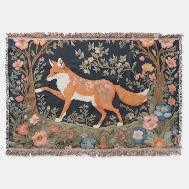 Curious Fox Faux Embroidery Elegant Floral Throw Blanket (Front)
