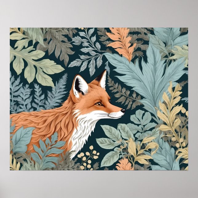 Curious Fox Fern Leaves William Morris Inspired Poster (Front)