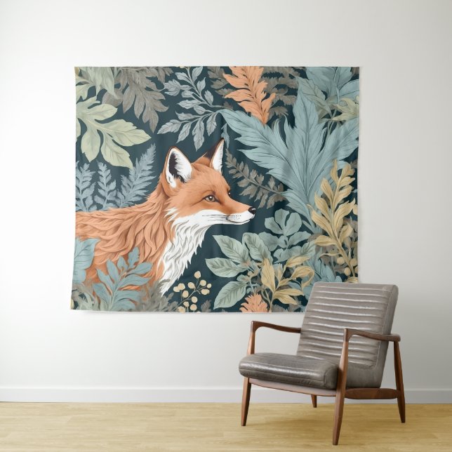 Curious Fox Fern Leaves William Morris Inspired Tapestry (In Situ (Horizontal))