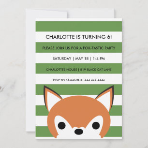 Curious Fox Green Stripes Birthday Party Invitation