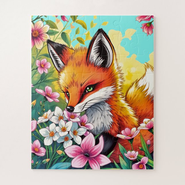Curious Fox in a Flower Garden children's Jigsaw Puzzle (Vertical)