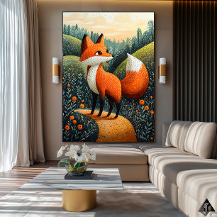 Curious Fox in Meadow – Naïf Whimsical Wildlife Poster