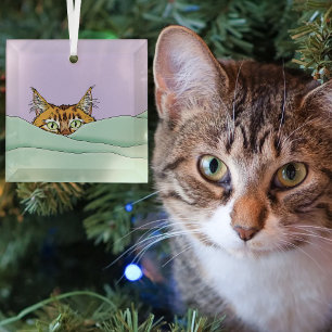Curious Ginger Peekaboo Cat Funny Lavender Green Glass Tree Decoration