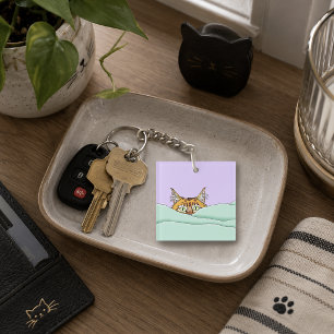 Curious Ginger Peekaboo Cat Funny Lavender Green Key Ring