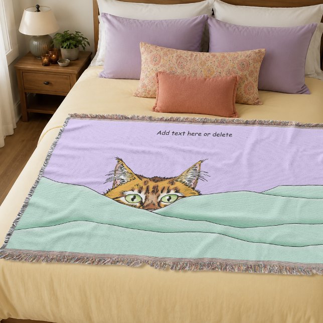 Curious Ginger Peekaboo Cat Funny Lavender Green Throw Blanket (Creator Uploaded)