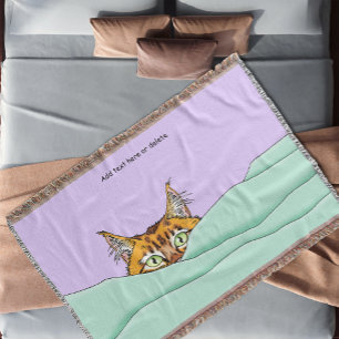 Curious Ginger Peekaboo Cat Funny Lavender Green Throw Blanket