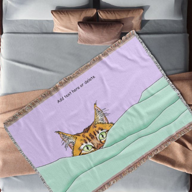Curious Ginger Peekaboo Cat Funny Lavender Green Throw Blanket (Creator Uploaded)