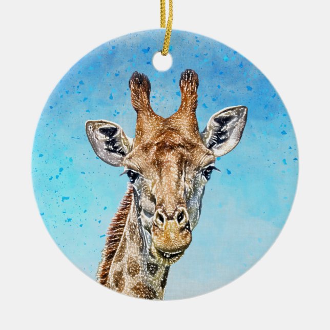 Curious Giraffe with Blue Confetti Sky Ceramic Tree Decoration (Front)