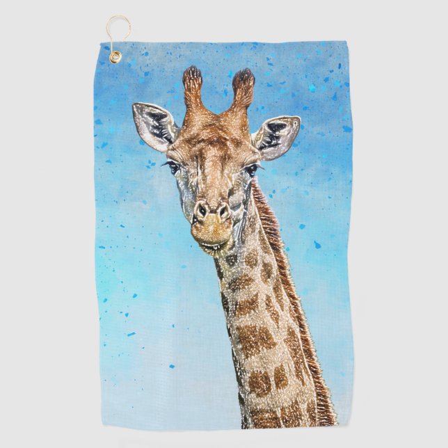 Curious Giraffe with Blue Confetti Sky Golf Towel (Front)