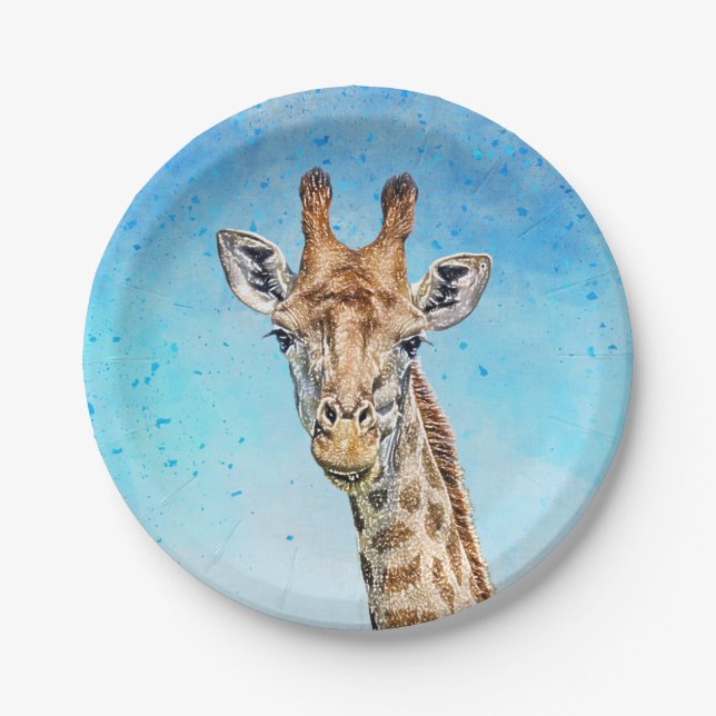 Curious Giraffe with Blue Confetti Sky Paper Plate (Front)
