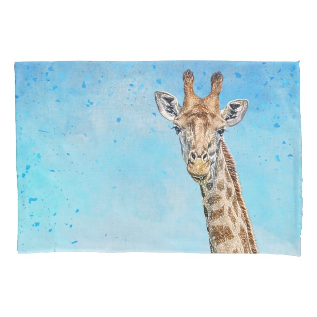 Curious Giraffe with Blue Confetti Sky Pillowcase (Front)