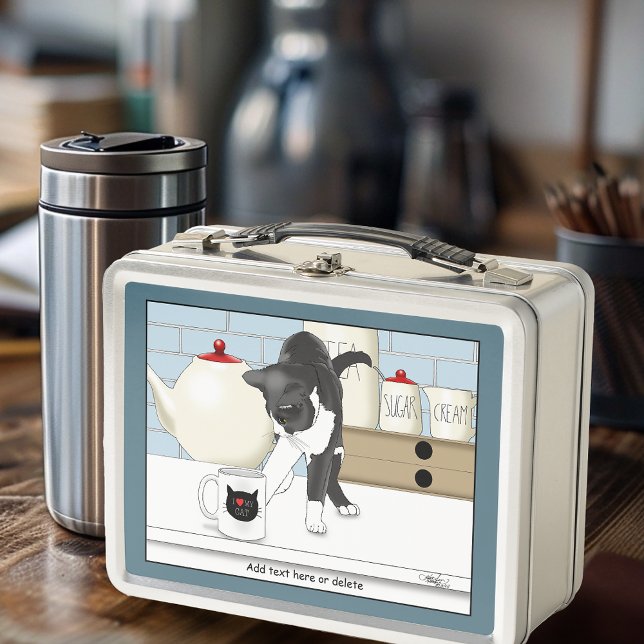 Curious Grey White Cat Funny Tea Mug Kitchen Metal Lunch Box (Creator Uploaded)