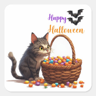 Curious Halloween Cat With Pumpkin Candy Bucket 👻 Square Sticker
