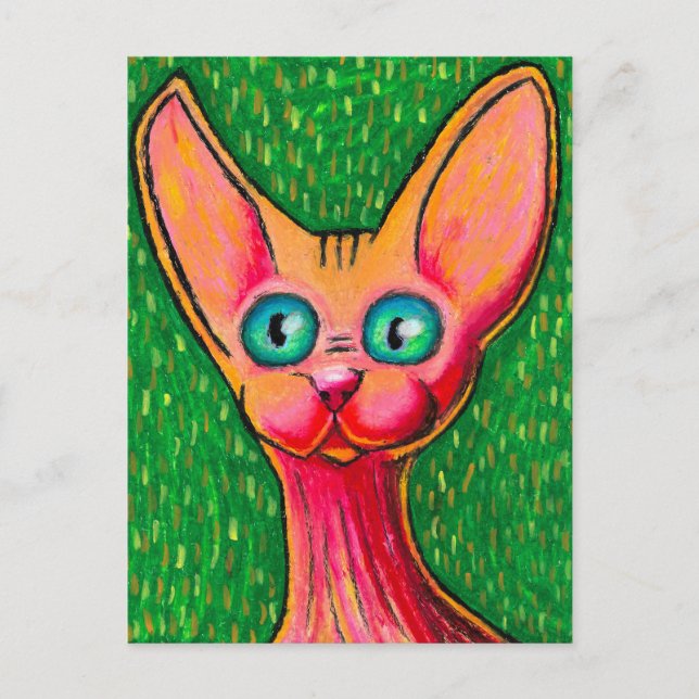 Curious Happy Hairless Cat in Oil Pastel on Green Postcard (Front)