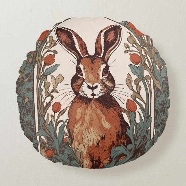 Curious Hare William Morris Inspired Floral Round Cushion (Front)