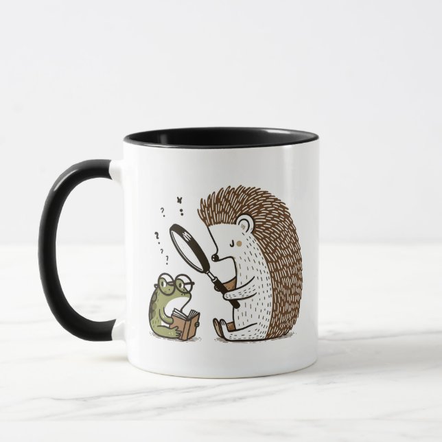 Curious Hedgehog Observing a Bookish Frog Mug (Left)