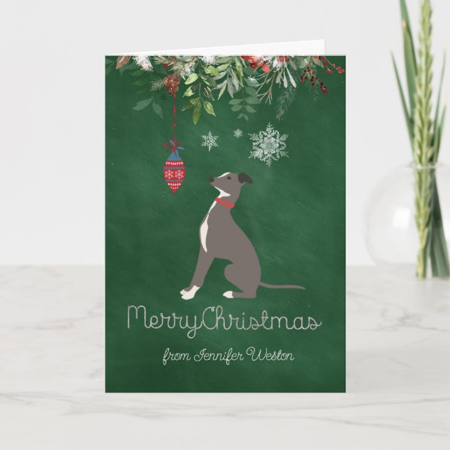 Curious Holiday Greyhound Puppy with Joyful Wishes Card (Front)