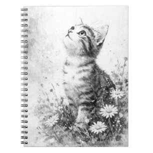 Curious Kitten in Wildflowers – Black and White Notebook