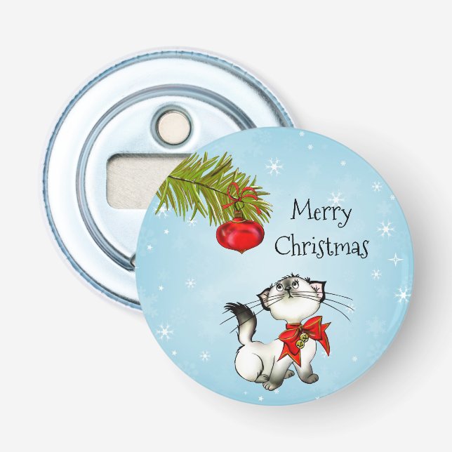 Curious Kitty Cat In A Red Christmas Bow Bottle Opener (Front)