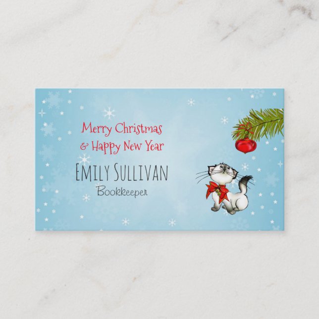 Curious Kitty Cat In A Red Christmas Bow Business Card (Front)