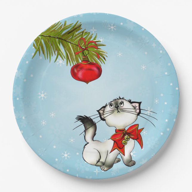 Curious Kitty Cat In A Red Christmas Bow Paper Plate (Front)