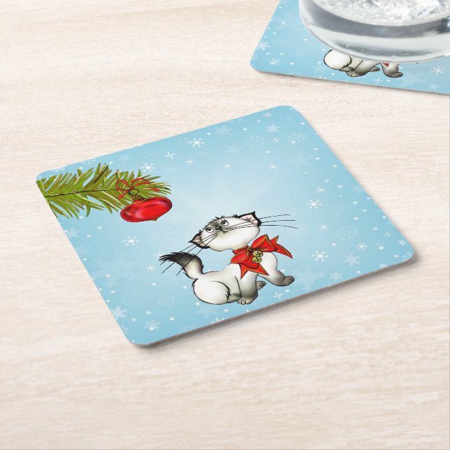 Curious Kitty Cat In A Red Christmas Bow Square Paper Coaster (Angled)