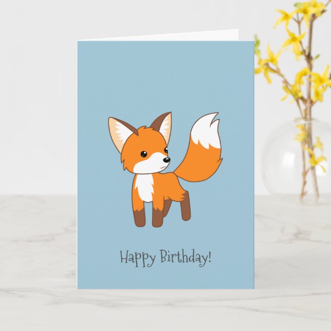 Curious Little Fox on Blue Birthday Card (Yellow Flower)