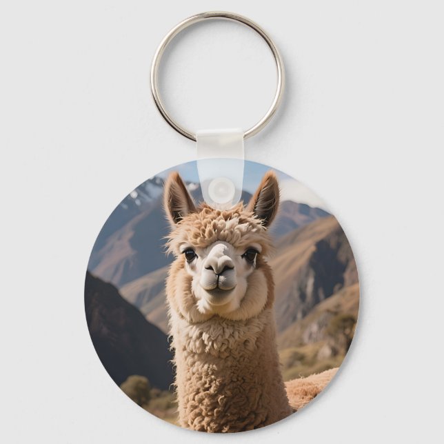 Curious Llama Mountain Portrait Key Ring (Front)