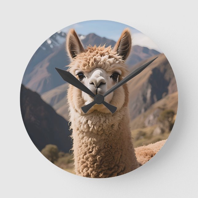 Curious Llama Mountain Portrait Round Clock (Front)