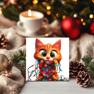 Curious Orange Kitten with Festive Lights Holiday Card