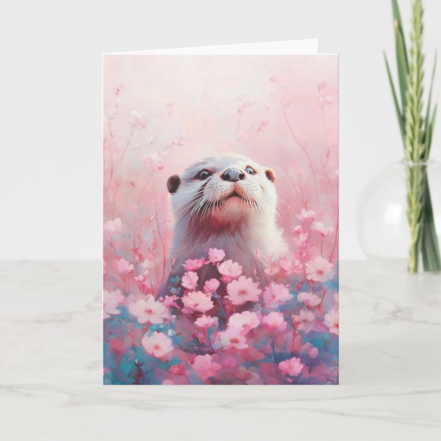 Curious Otter in a Sea of Soft Flower Petals Card (Front)