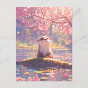 Curious Otter in Pink Cherry Blossom Pond Postcard