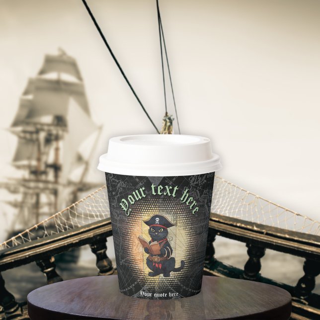 Curious pirate cat deciphers ancient mysteries paper cups (Curious pirate cat deciphers ancient mysteries paper cups)