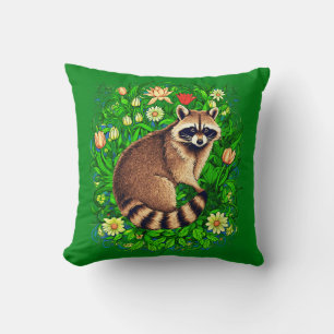 Curious Raccoon in a Colorful Flower Garden Cushion