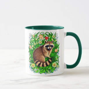Curious Raccoon in a Colorful Flower Garden Mug