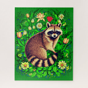  Curious Racoon in a Colourful Flower Garden Jigsaw Puzzle