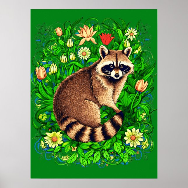Curious Racoon in a Colourful Flower Garden Poster (Front)