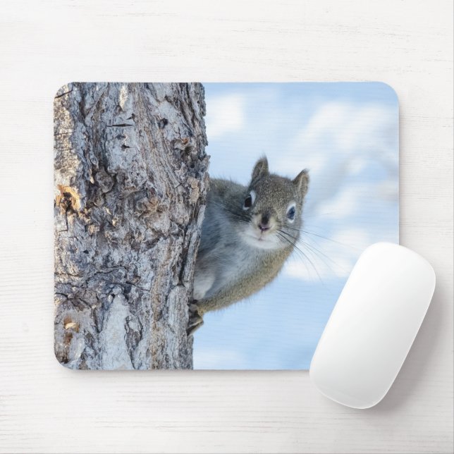 Curious Squirrel, Peaking From A Tree Mouse Mat (With Mouse)