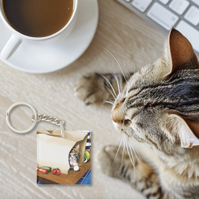 Curious Tabby Cat Grocery Bag Blue Cute      Key Ring (Creator Uploaded)