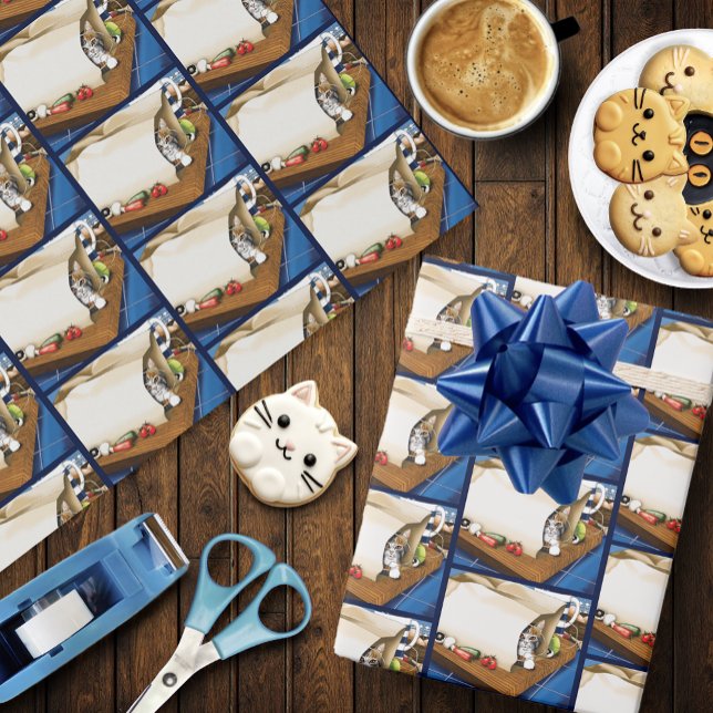 Curious Tabby Cat Grocery Bag Blue Cute      Wrapping Paper (Creator Uploaded)