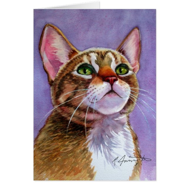 Curious Tabby Cat in Watercolor Greeting Card (Front)
